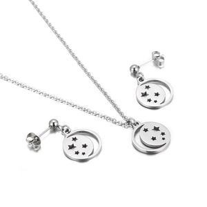 Silver stainless steel jewelry set featuring hollow moon and star necklace and earrings