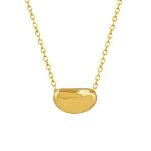 Minimalist gold bean pendant necklace in polished titanium steel on a white background