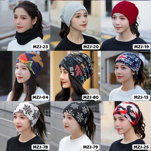 Collage of multi-functional winter neck gaiters and beanies in various prints and solid colors