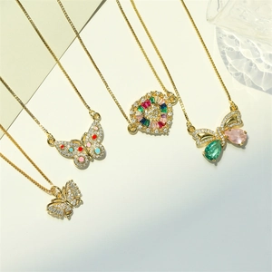 Heart Butterfly Pendant Necklace Copper With Colorful Zircon Micro Inlaid Box Chain Elegant Jewelry For Women