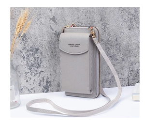 Detail view of grey PU leather crossbody phone wallet with stylish front flap and strap