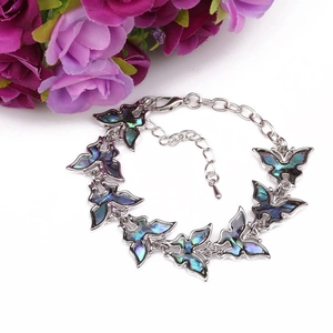 Detailed view of silver butterfly bracelet with colorful abalone shell inlays and extension