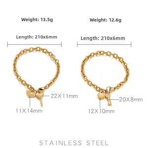 Detail showing weight and dimensions of two stainless steel heart and key charm bracelets