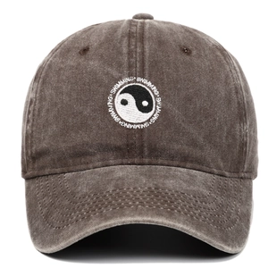 Washed cotton baseball cap with Tai Chi Yin Yang embroidery and swimming text detail