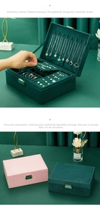 Macro view of double-layer velvet jewelry box interior with necklace hooks and ring slots