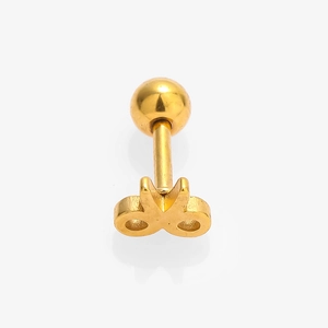 Macro shot of 316L stainless steel gold stud earring with screw ball back and bow design