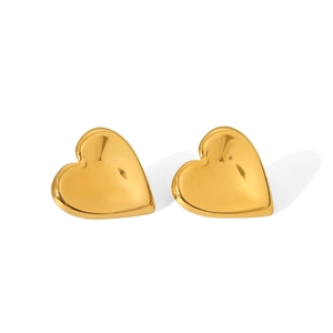 Detailed close-up of heart-shaped stud earrings in polished 18K gold-plated stainless steel
