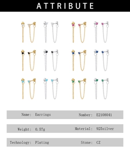 Detailed grid display of S925 sterling silver tassel earrings with colorful CZ zircons
