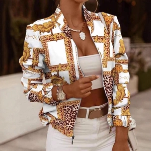 Women's white zip-up cardigan jacket with golden baroque print and leopard patterns