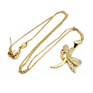 14k gold plated dragonfly pendant necklace with sparkling cubic zirconia and red accents