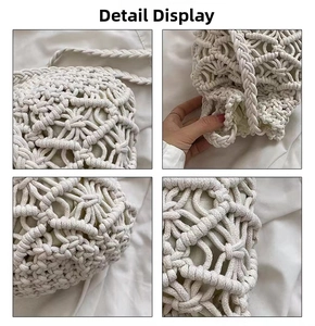 Close-up of geometric diamond weave and cotton lining on the beige crochet bag