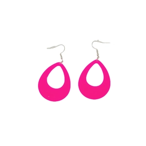 Close-up of vibrant pink fluorescent teardrop acrylic earrings with silver hooks