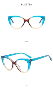 Detailed front and side views of cat-eye glasses with blue tea color gradient frames