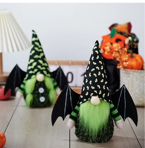 Macro shot of Halloween gnome detail featuring green faux fur beard and black bat wings