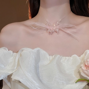 Detail of pink feather and crystal butterfly pendant necklace on female model