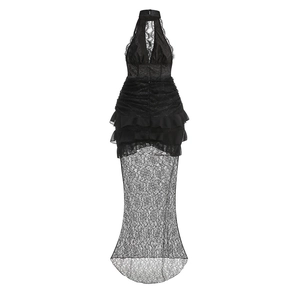 Detail of elegant black lace halter dress with translucent fishtail hem and waist pleats
