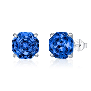 Elegant 925 sterling silver stud earrings with royal blue octagon rose cut crystal