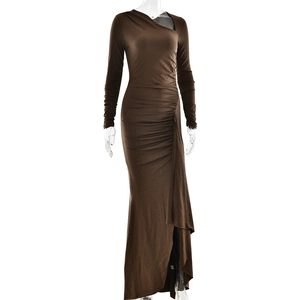 Detail of shimmering brown evening gown with asymmetrical neck and side ruching