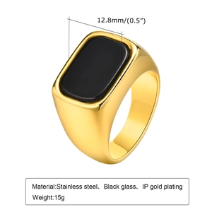 Gold stainless steel signet ring for men with rectangular black glass stone inlay