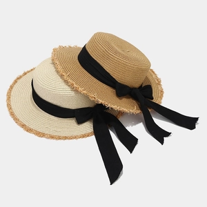 Women Straw Boater Hat Flat Top Frayed Edge Ribbon Bow Summer Beach Sun Protection Vacation Trendy