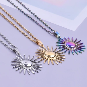 Detailed view of silver, gold, and rainbow sun pendant necklaces with durable O-chains