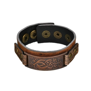 Retro multi-layer brown leather bracelet with embossed bronze metal buckle for men