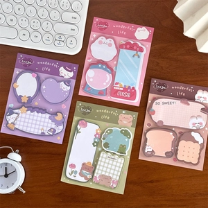 Flat lay of four themed cartoon sticky note sets including magic and bakery designs