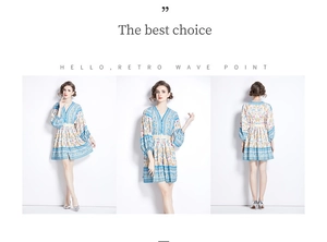Three-view layout of a bohemian floral print dress with V-neck and puff sleeves