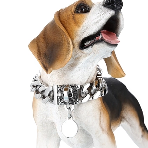 Dettaglio del collare per cani Cuban Link 20mm con fibbia a teschio e medaglietta tonda