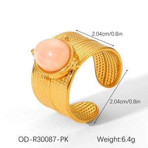 Detailed macro view showing the 18k gold plated ring with a pink natural stone and dimensions