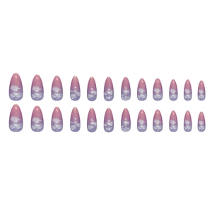 Almond gradient press-on nails with blue pink clouds and glitter, 24 piece set