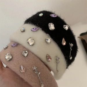 Plush Rhinestone Rose Headband Wide Brim Thickened Hair Band With Metal Flower For Women Korean Style Fashion Soft