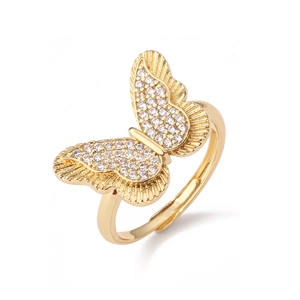 18K gold-plated butterfly ring with pave-set crystals and adjustable band