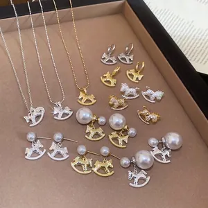 Rocking Horse Necklace And Earrings Faux Artificial Pearl Alloy Zircon With 925 Sterling Silver Earring Post Elegant Lucky