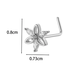 Detail showing flower nose stud dimensions with 0.8cm post and 0.73cm zircon width