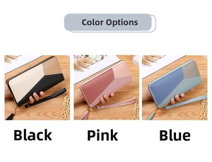 Detailed views of geometric color-block long wallets with zipper and tassel accessories