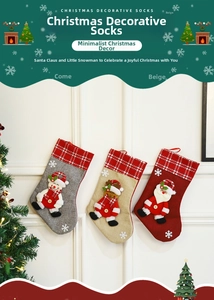 Detailed view of 3D Santa, snowman and reindeer Christmas stockings with hanging loops