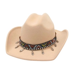 Beige felt western cowboy hat with ethnic geometric band and silver heart charms