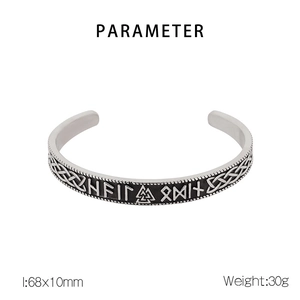 Detail view of Thor Hammer viking rune engraving on stainless steel cuff bracelet