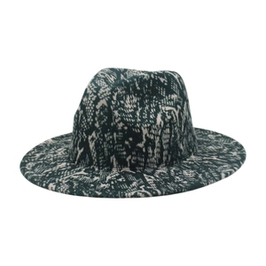 Unisex snakeskin pattern wool fedora hat with flat brim and teardrop crown design