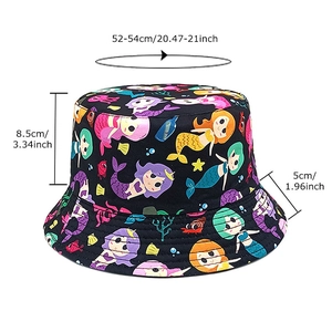Cappello a secchiello nero per bambini con stampa sirena cartone animato, misura 52-54 cm