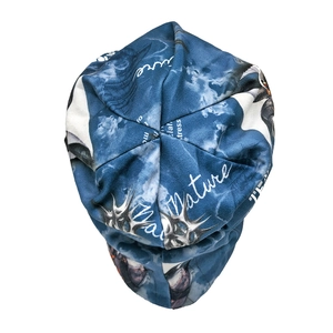Close-up of blue knit beanie with nature clouds print and gothic lettering texture