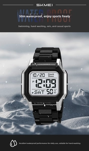 Detail of digital sports watch dial showing 50M water resistance and multi-functional display