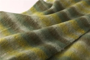Macro shot of striped cashmere-like fabric showing green and yellow fuzzy texture