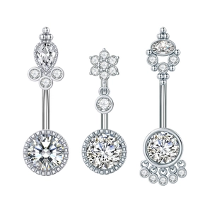 Three silver zircon belly button rings with pear-cut, floral, and pendant designs