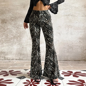 Women's sexy zebra print flare pants with rhinestone accents and a high-waist loose fit