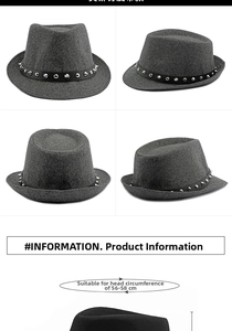 Detail view of dark grey wool fedora featuring rivet leather belt and 56-58cm size info