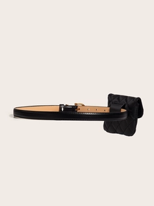 Cintura in pelle nera con mini borsa trapuntata rimovibile e fibbia dorata