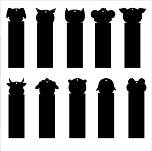DIY black animal silhouette bookmarks set featuring 10 different cartoon scratch art shapes