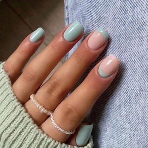 French Style Press On Nails Short Square Round Macaron Blue Pink Minimalist Glossy False Nails For Women With Glue